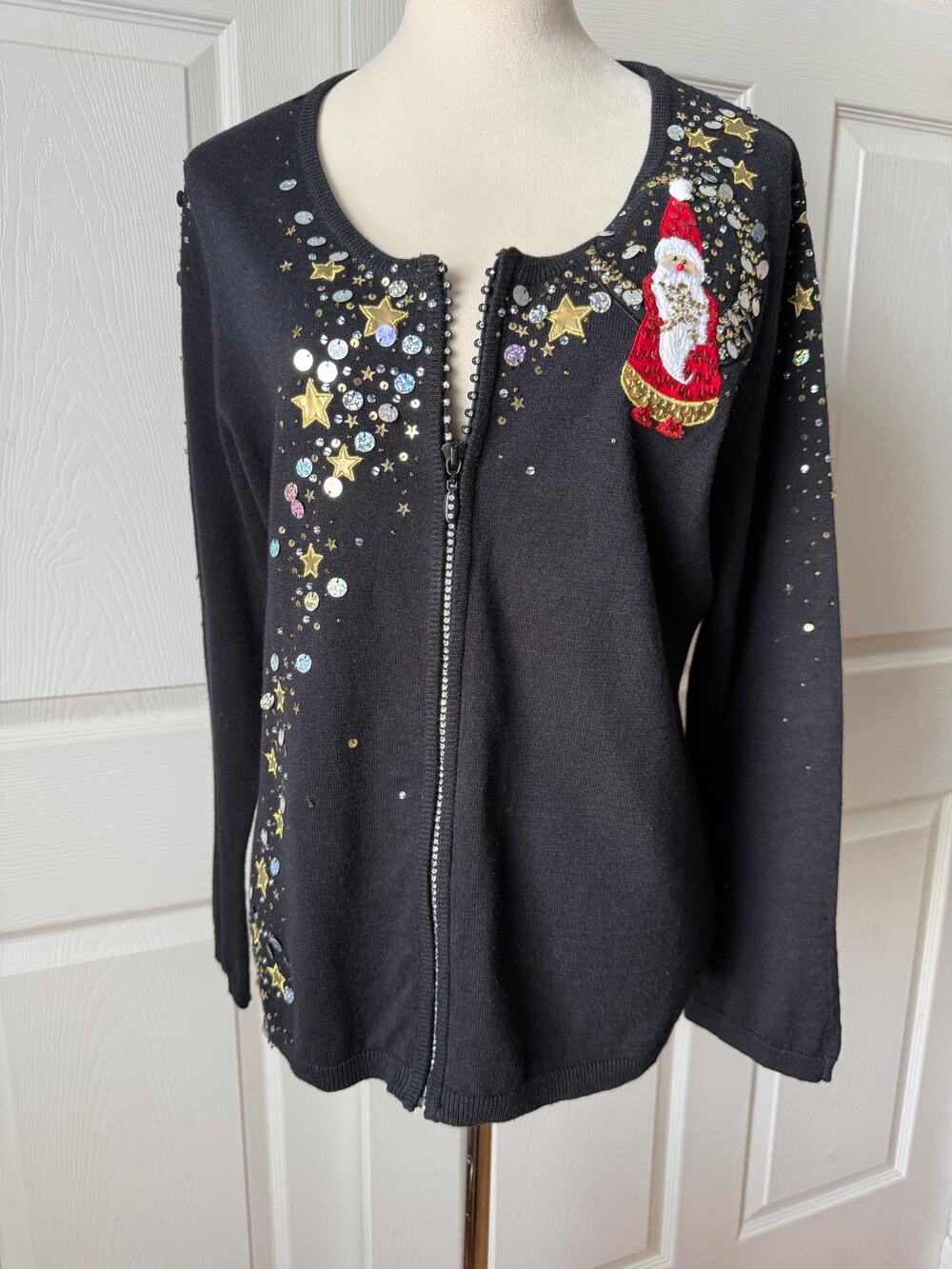 Berek 2 Embellished Christmas Santa Cardigan Black Sequin Rhinestone Zip Size XL